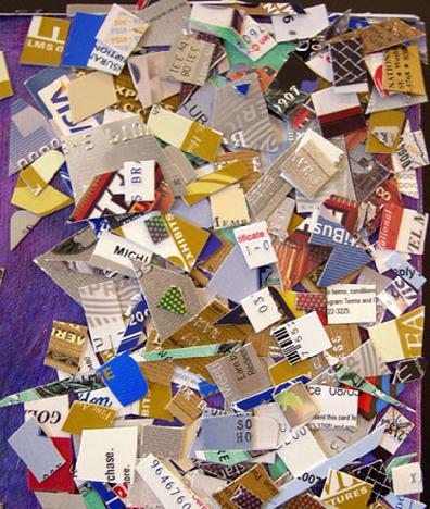 Mixed Media Painting Acrylic and Plastic Cards on Canvas Closeup