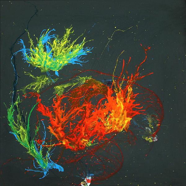 Acrylic on Plexiglas Entitled: 'Fire Crab' = 24 in. x 24 in.